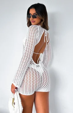 Resort Wear | White Fox Boutique Change Of Plans Knitted Long Sleeve Playsuit white