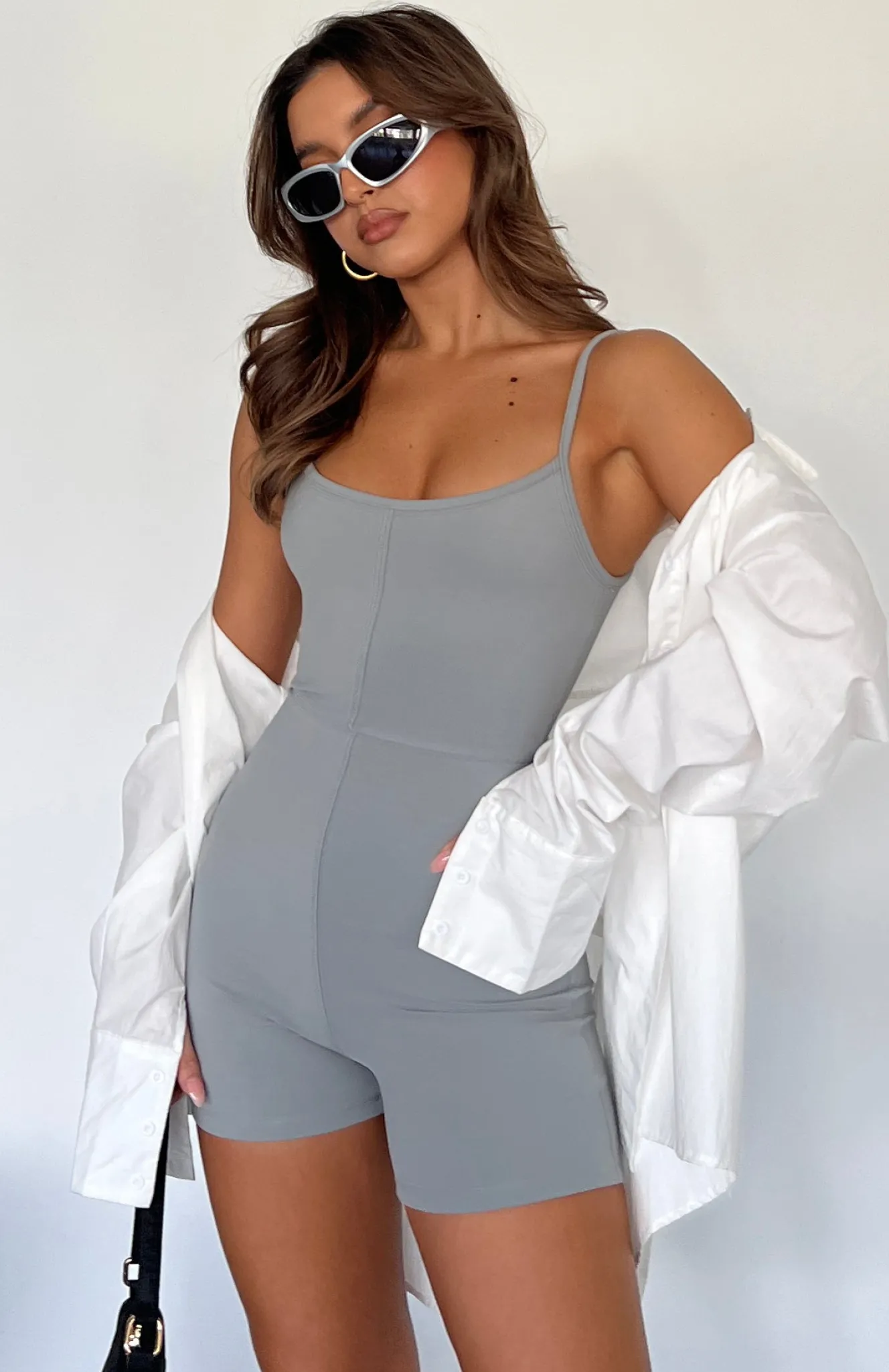 Restocked | White Fox Boutique Clearly Into You Ribbed Playsuit grey