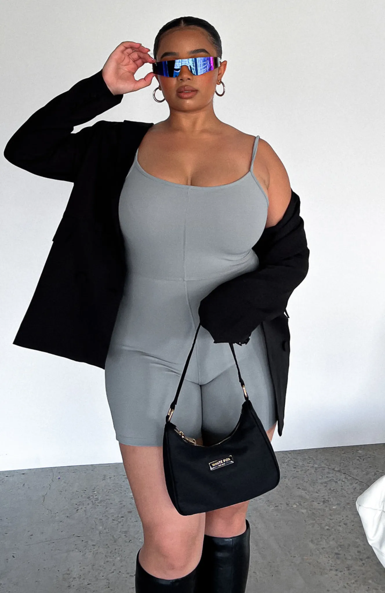 Restocked | White Fox Boutique Clearly Into You Ribbed Playsuit grey