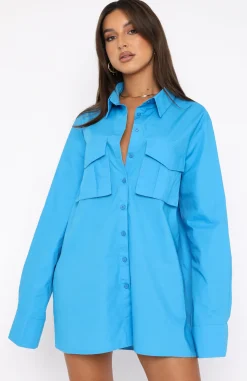 Long Sleeve Dresses | White Fox Boutique Drinks On Me Long Sleeve Shirt Dress Azure blue
