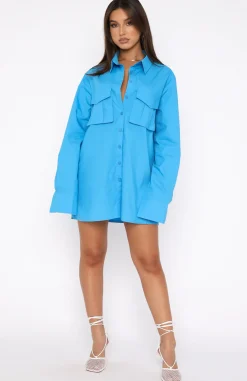 Long Sleeve Dresses | White Fox Boutique Drinks On Me Long Sleeve Shirt Dress Azure blue