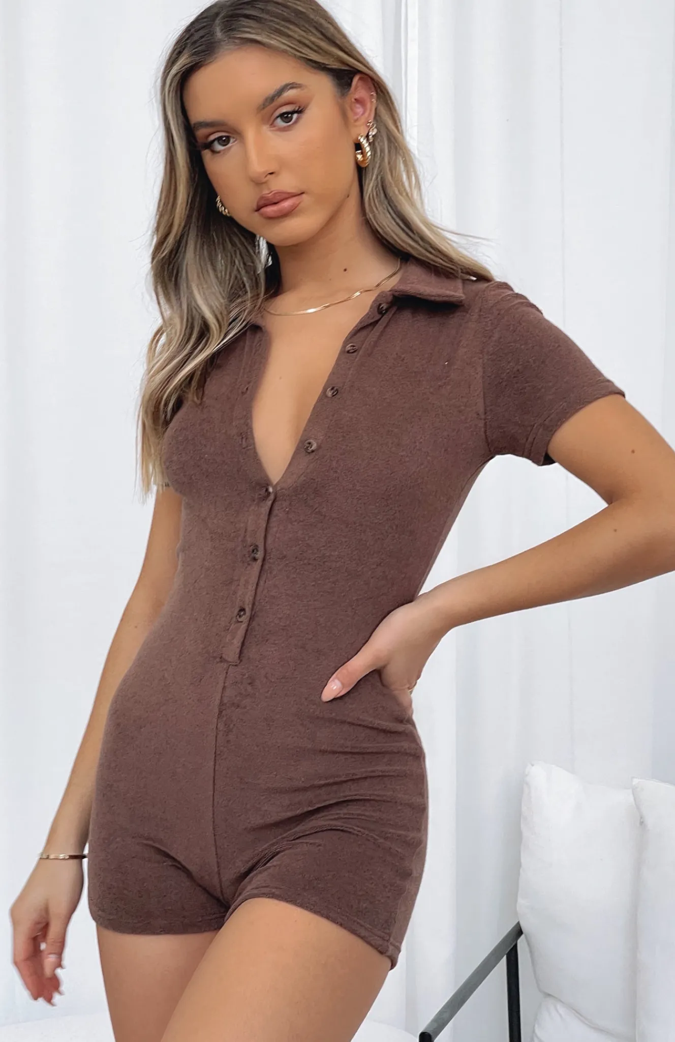 Restocked | White Fox Boutique Golden Light Terry Playsuit Chocolate brown