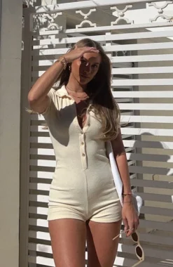 Restocked | White Fox Boutique Golden Light Terry Playsuit Cream nude
