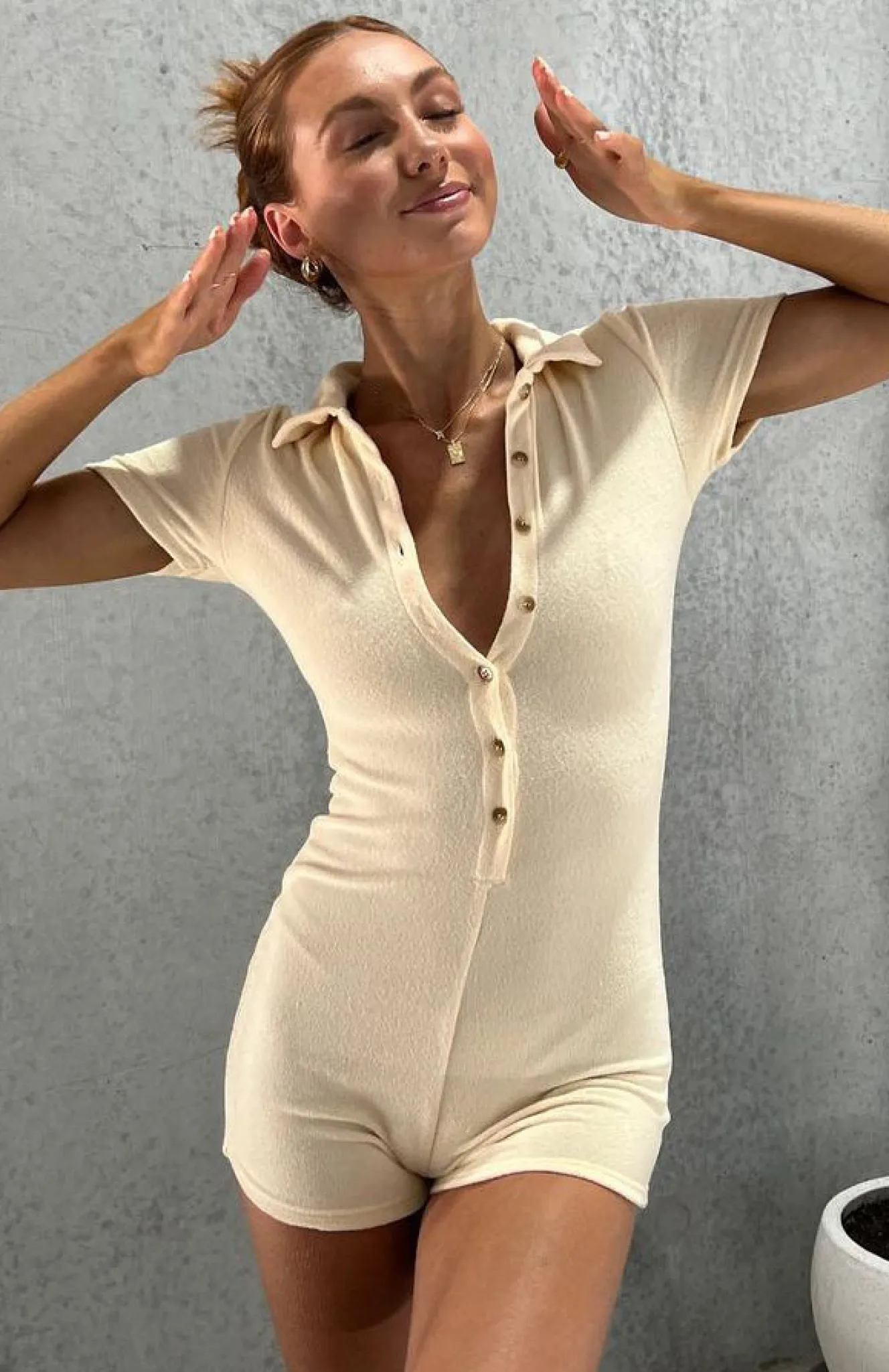 Restocked | White Fox Boutique Golden Light Terry Playsuit Cream nude