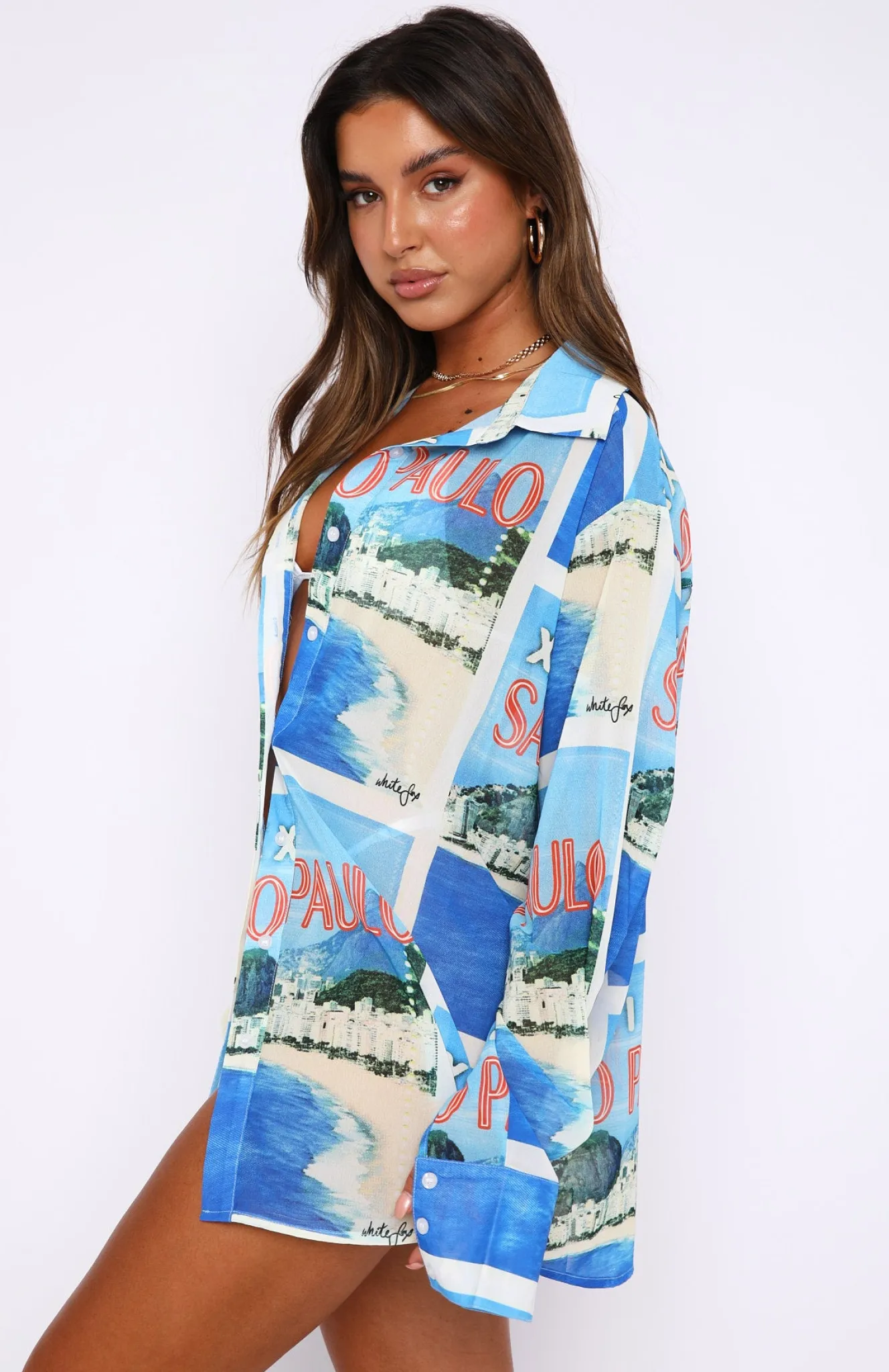Resort Wear | White Fox Boutique Here It Goes Oversized Shirt Sao Paulo blue
