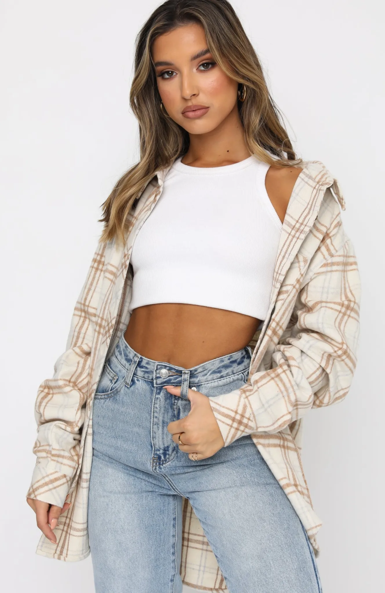 Jackets & Blazers | White Fox Boutique I Think Of You Plaid Shirt Cream nude