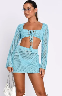 Resort Wear | White Fox Boutique I Was Here Long Sleeve Crochet Crop blue