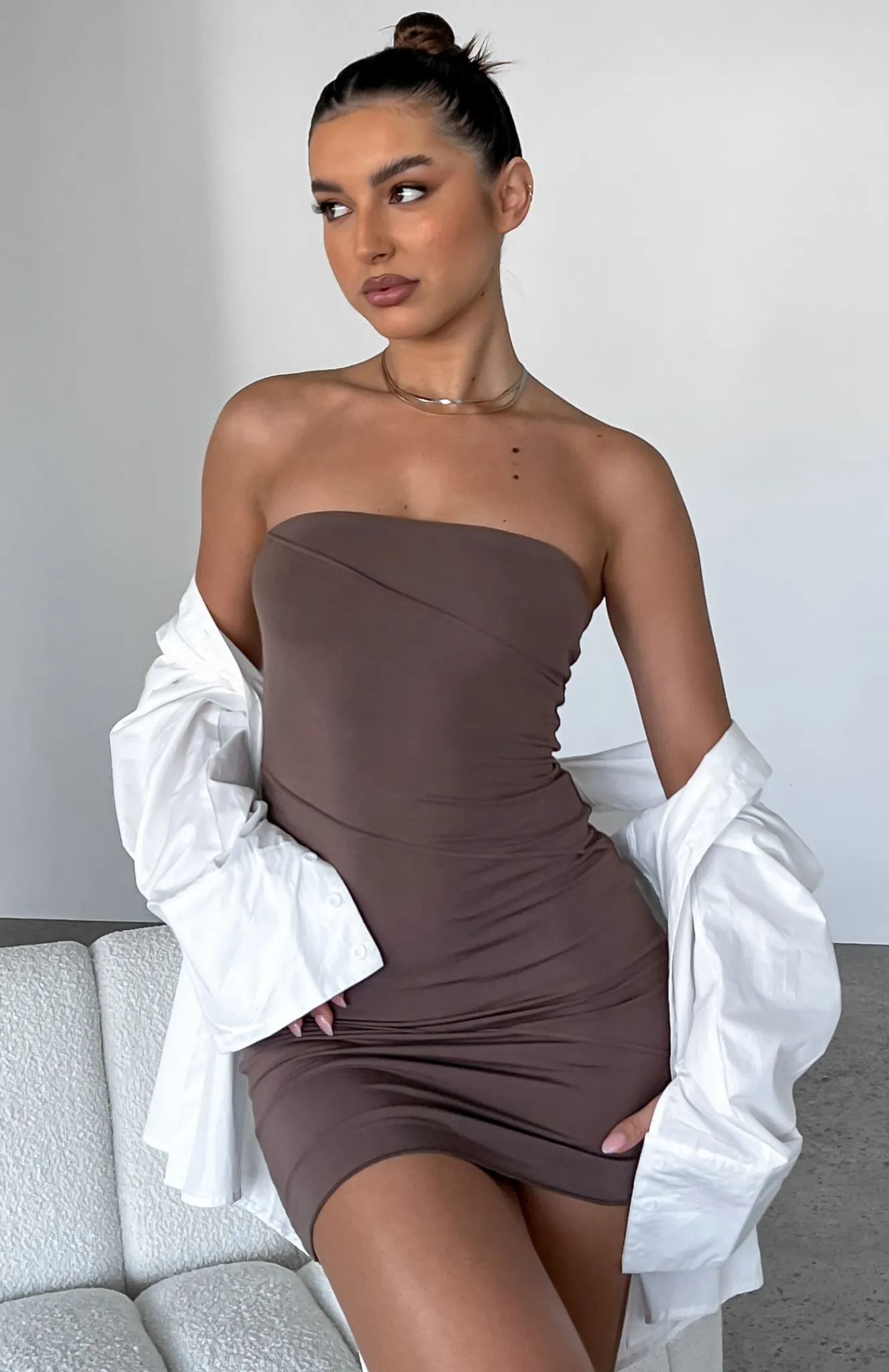 Restocked | White Fox Boutique Like We Used To Strapless Mini Dress Mocha brown