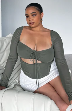 Shirts & Blouses | White Fox Boutique Not Phased Long Sleeve Mesh Bustier Khaki green