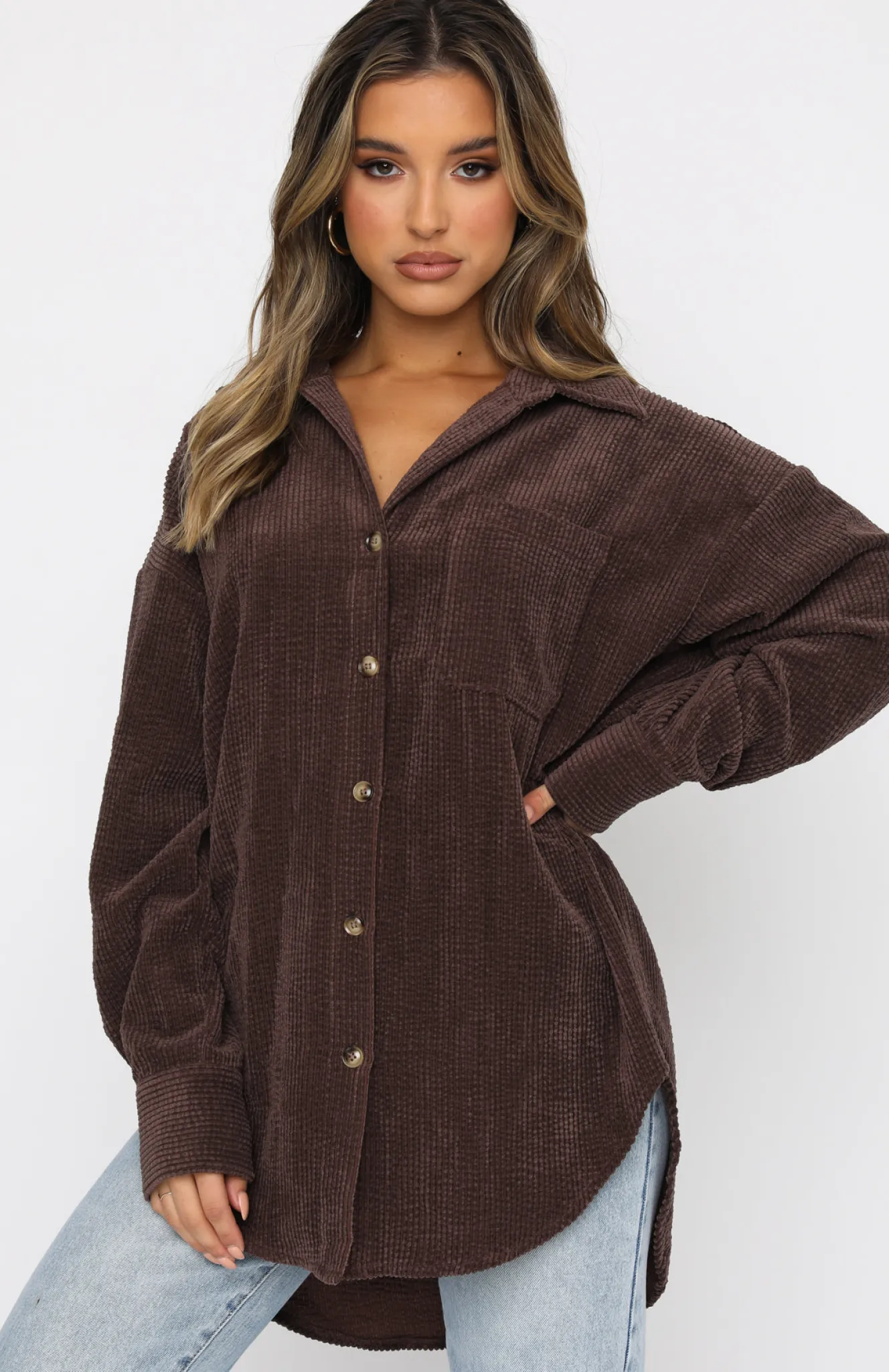Shirts & Blouses | White Fox Boutique Out And About Cord Long Sleeve Shirt Chocolate brown