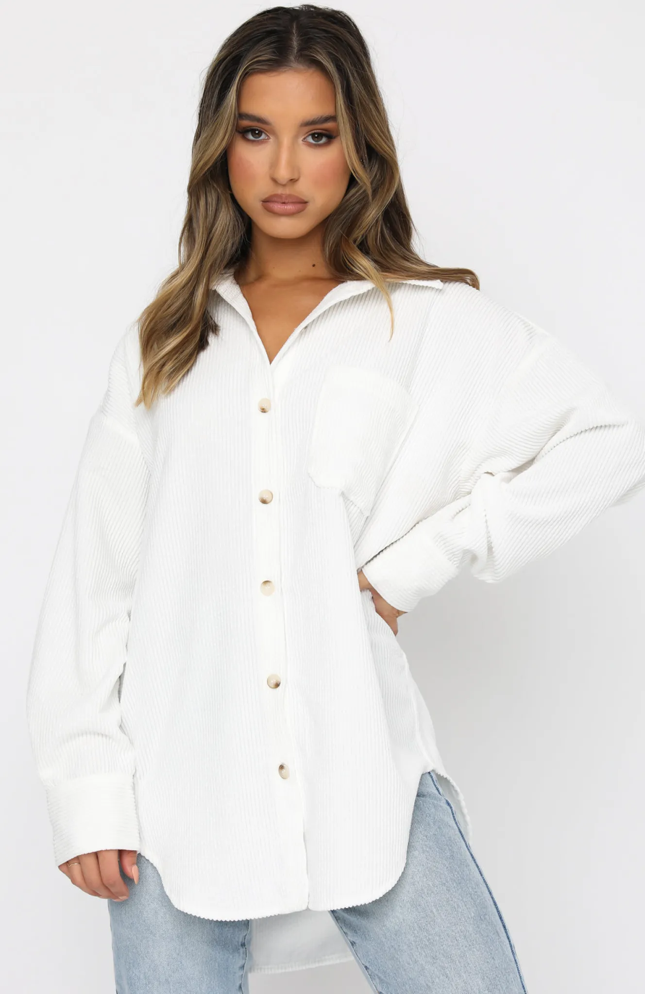 Shirts & Blouses | White Fox Boutique Out And About Cord Long Sleeve Shirt white