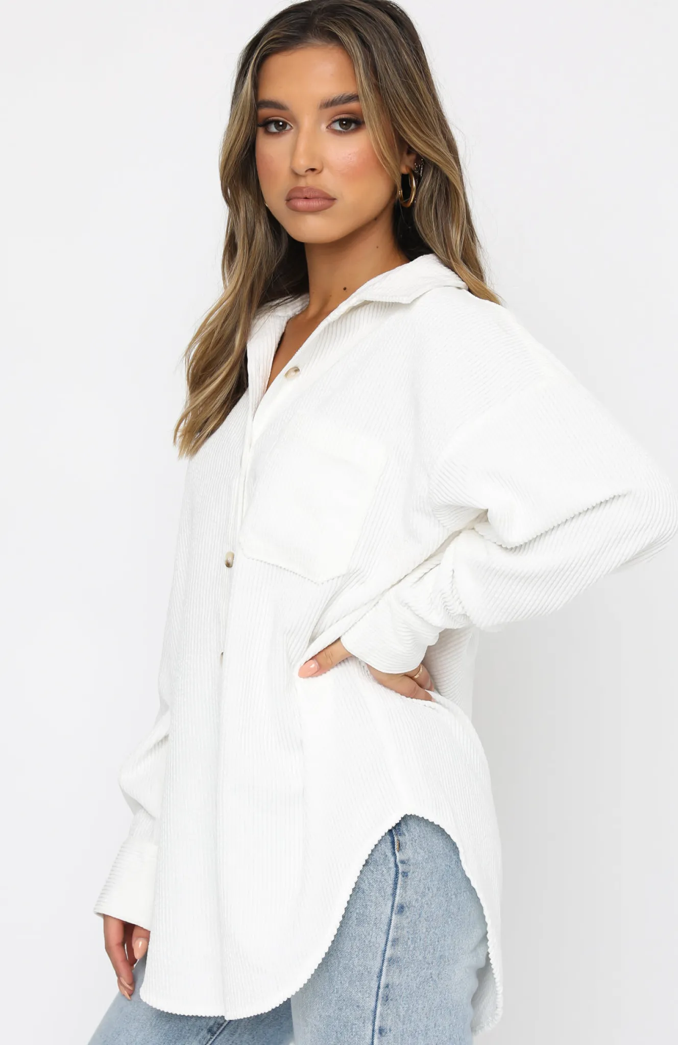Shirts & Blouses | White Fox Boutique Out And About Cord Long Sleeve Shirt white