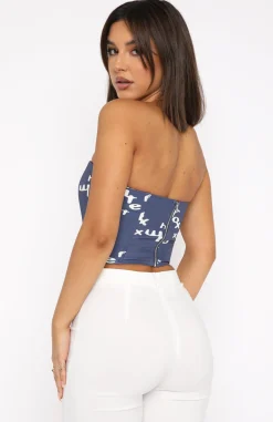 Shirts & Blouses | White Fox Boutique Play It Up Strapless Bustier Steel Warped Logo blue