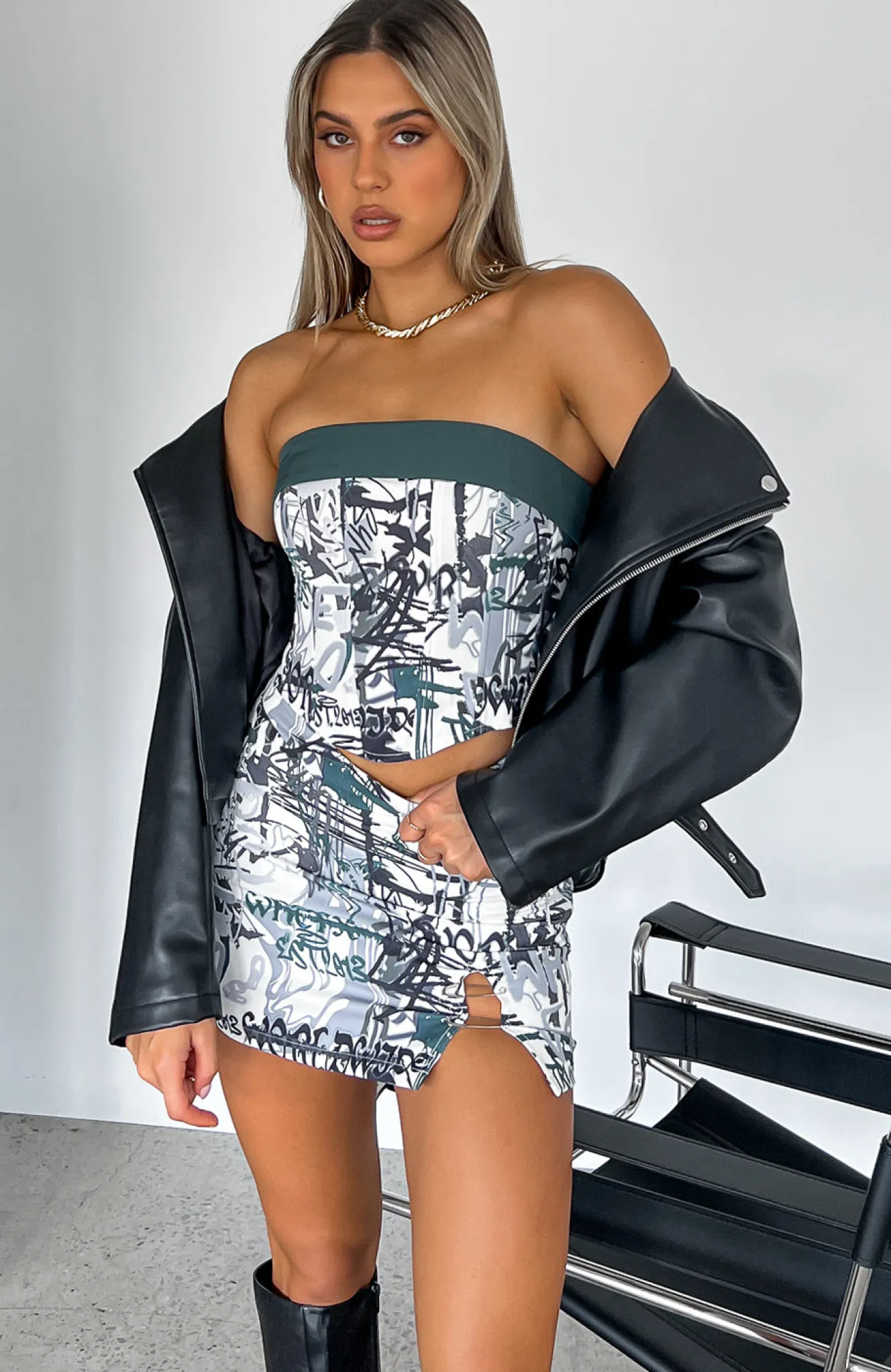 Restocked | White Fox Boutique Rumours Buzzing Mini Skirt Graffiti green
