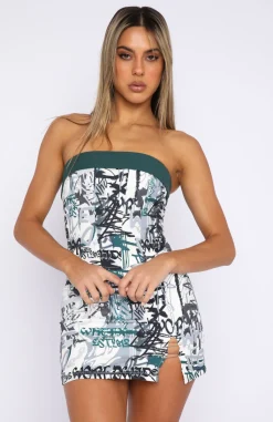 Restocked | White Fox Boutique Rumours Buzzing Mini Skirt Graffiti green
