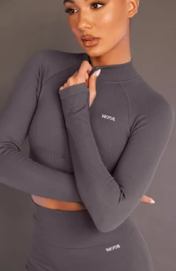 Sports Bras & Crops | White Fox Boutique Seamless Long Sleeve Sports Crop Shadow grey