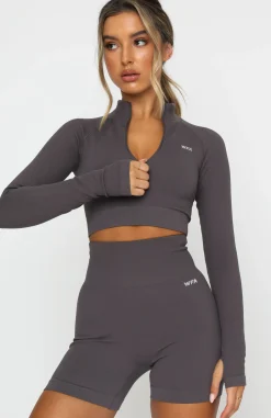 Sports Bras & Crops | White Fox Boutique Seamless Long Sleeve Sports Crop Shadow grey