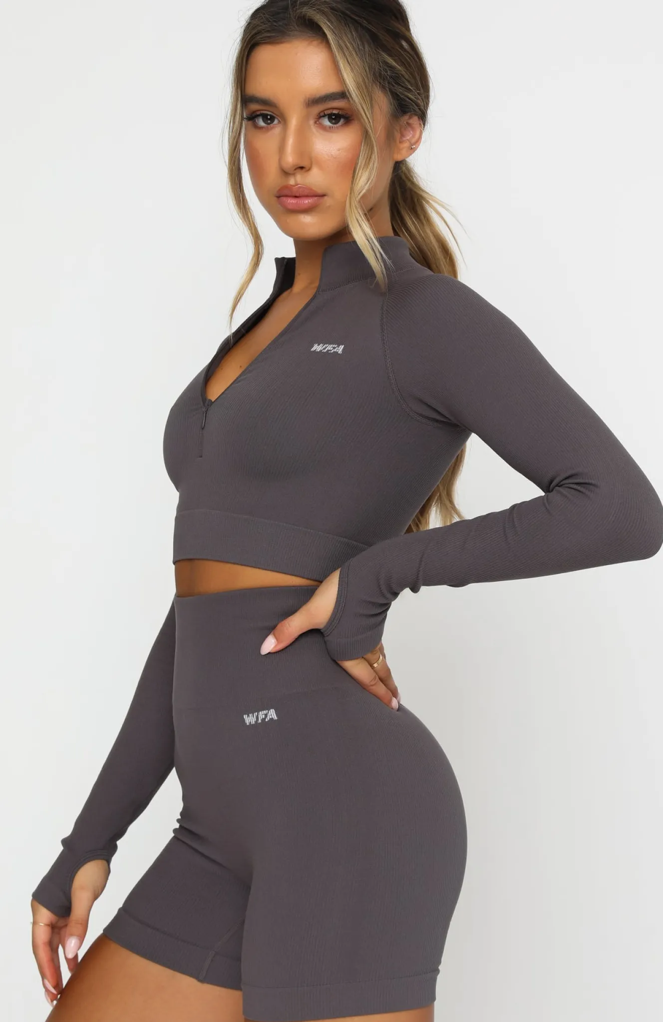 Sports Bras & Crops | White Fox Boutique Seamless Long Sleeve Sports Crop Shadow grey