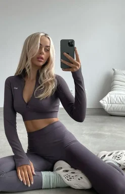 Sports Bras & Crops | White Fox Boutique Seamless Long Sleeve Sports Crop Shadow grey
