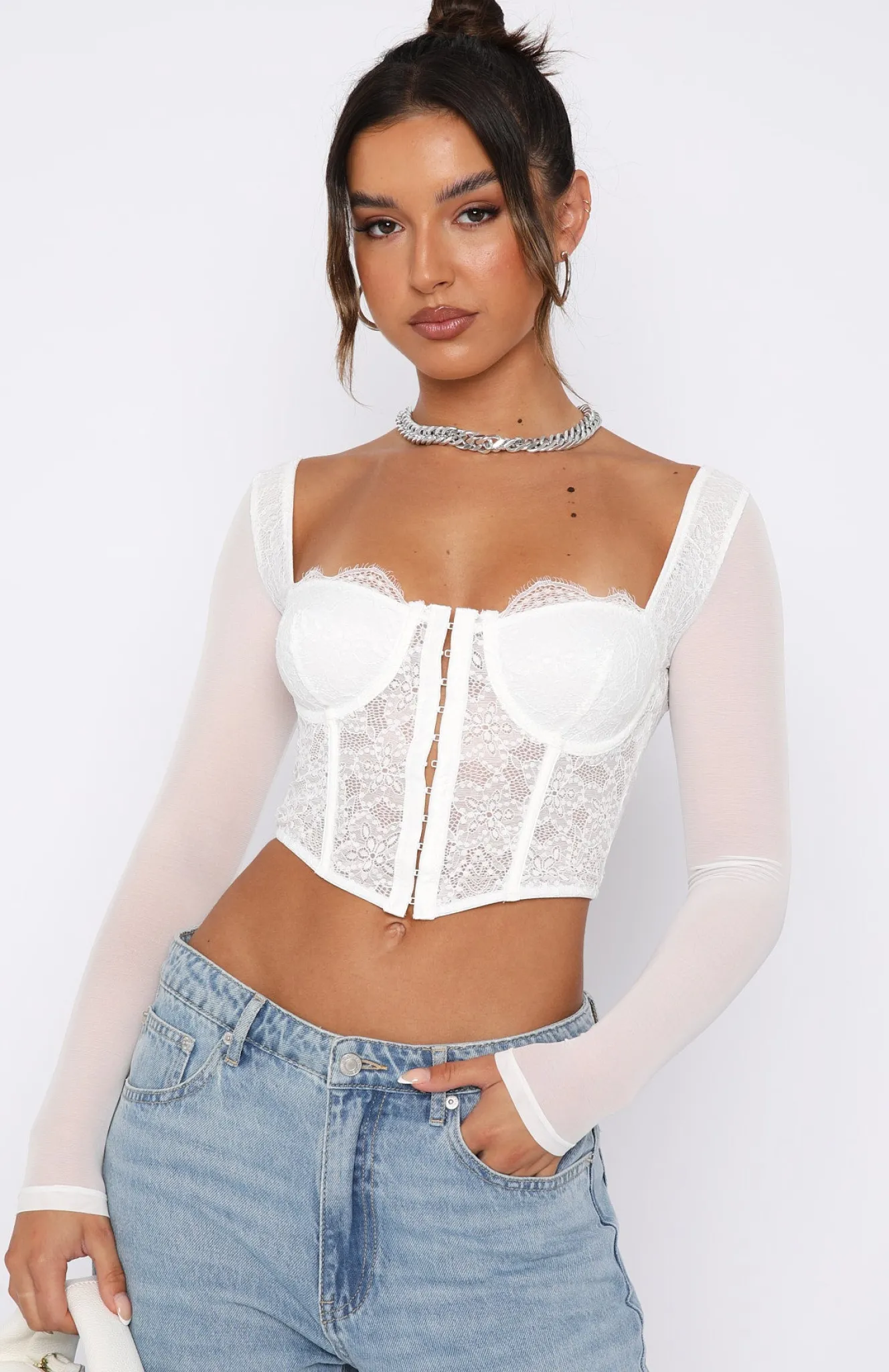 Shirts & Blouses | White Fox Boutique She's Magic Long Sleeve Lace Bustier white