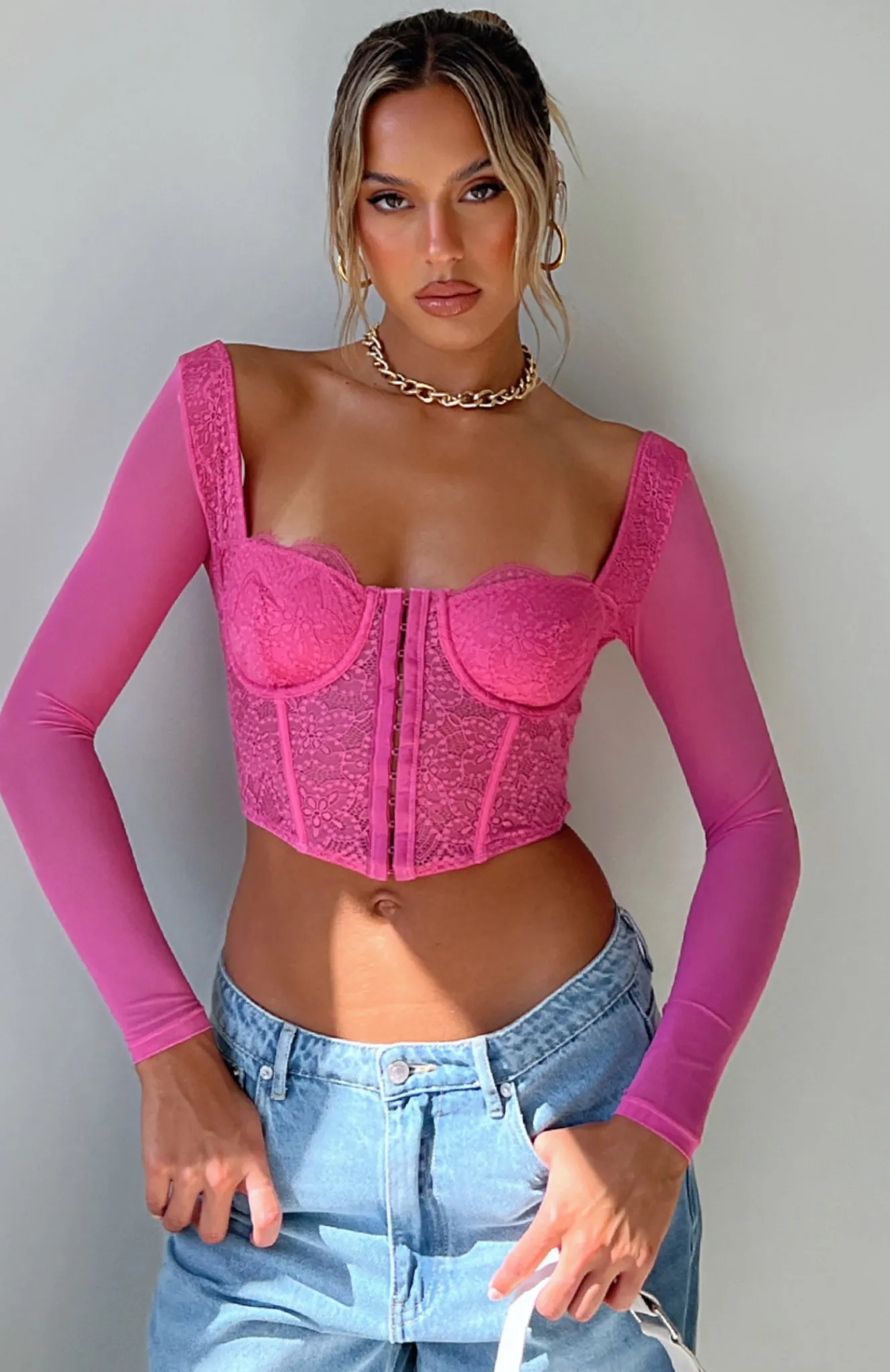 Shirts & Blouses | White Fox Boutique She's Magic Long Sleeve Lace Bustier Hot pink