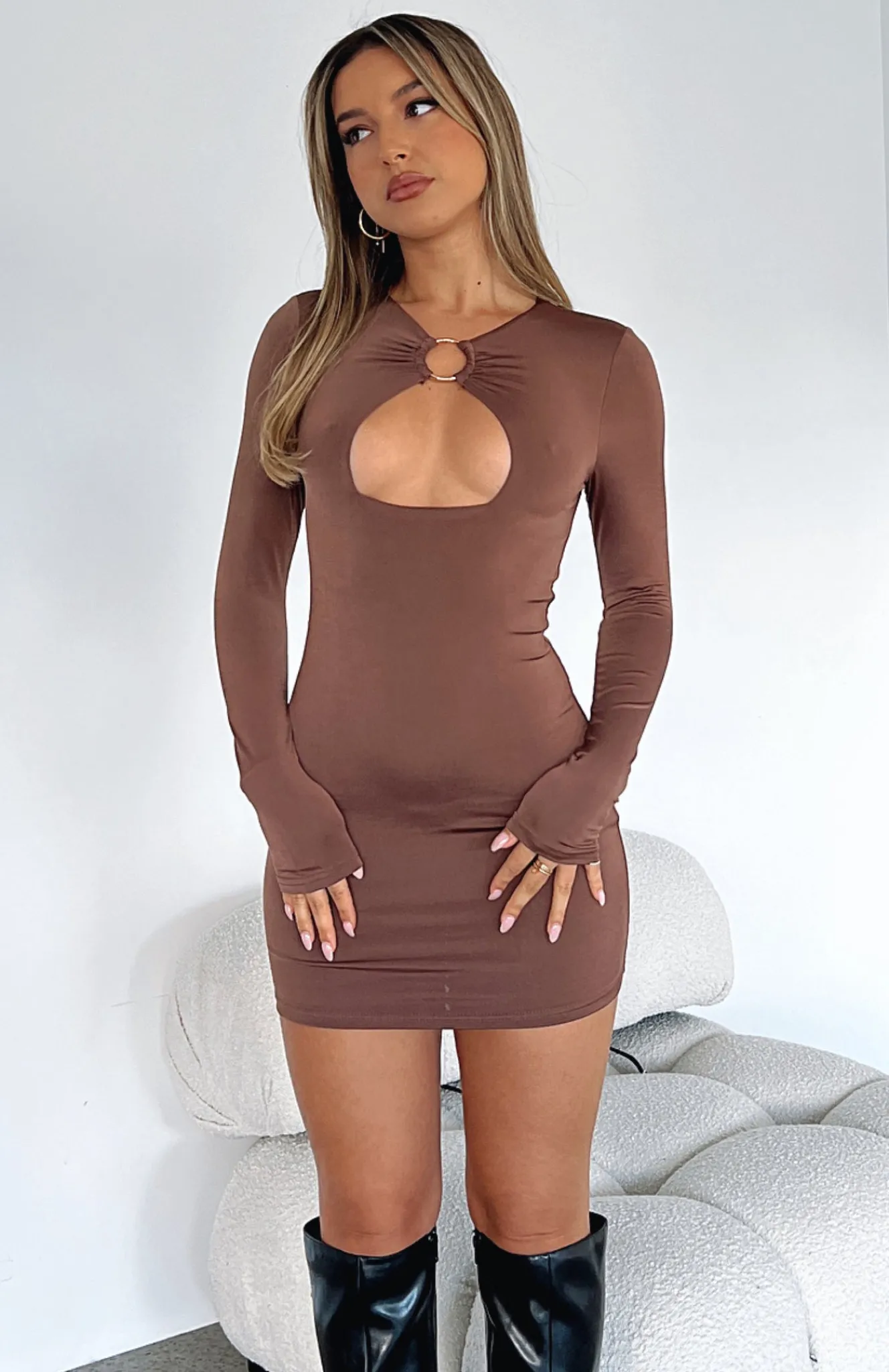 Long Sleeve Dresses | White Fox Boutique Shine On Me Mini Dress Mocha brown