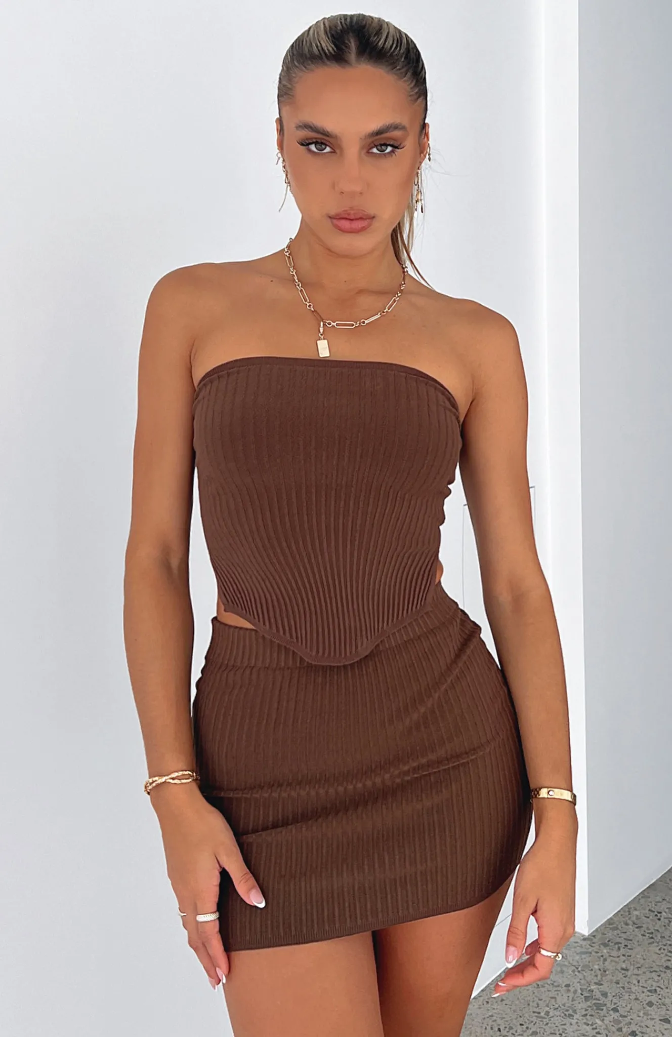 Restocked | White Fox Boutique Slow Jams Knitted Mini Skirt Chocolate brown