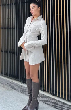 Long Sleeve Dresses | White Fox Boutique Stay The Night Long Sleeve Mini Dress Taupe grey