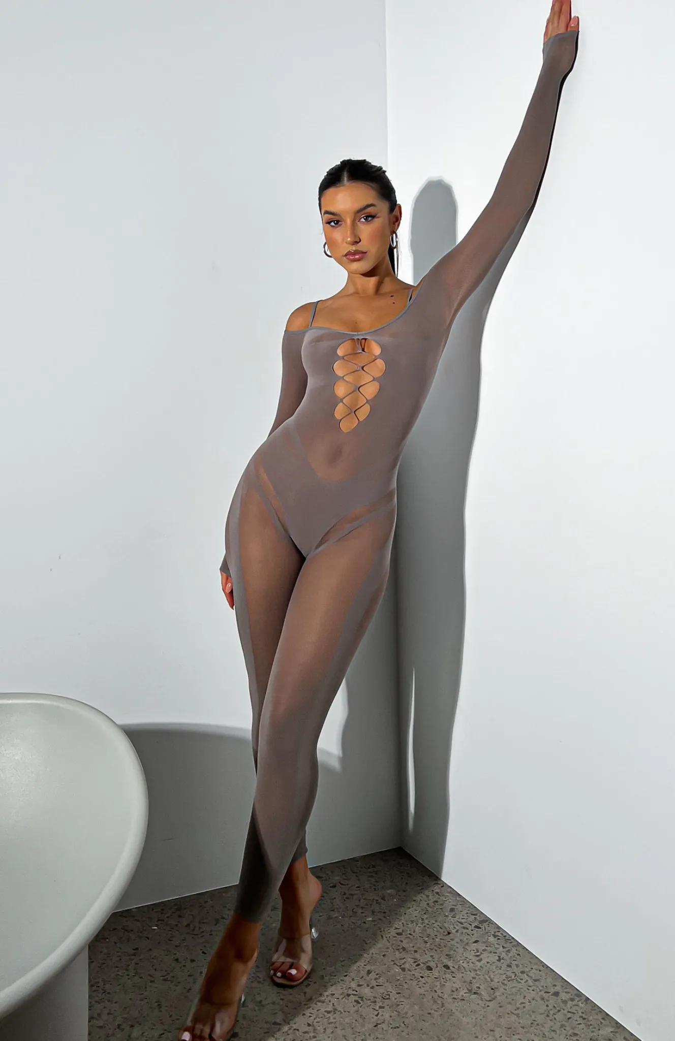 Restocked | White Fox Boutique Staying Snatched Long Sleeve Jumpsuit Mushroom brown