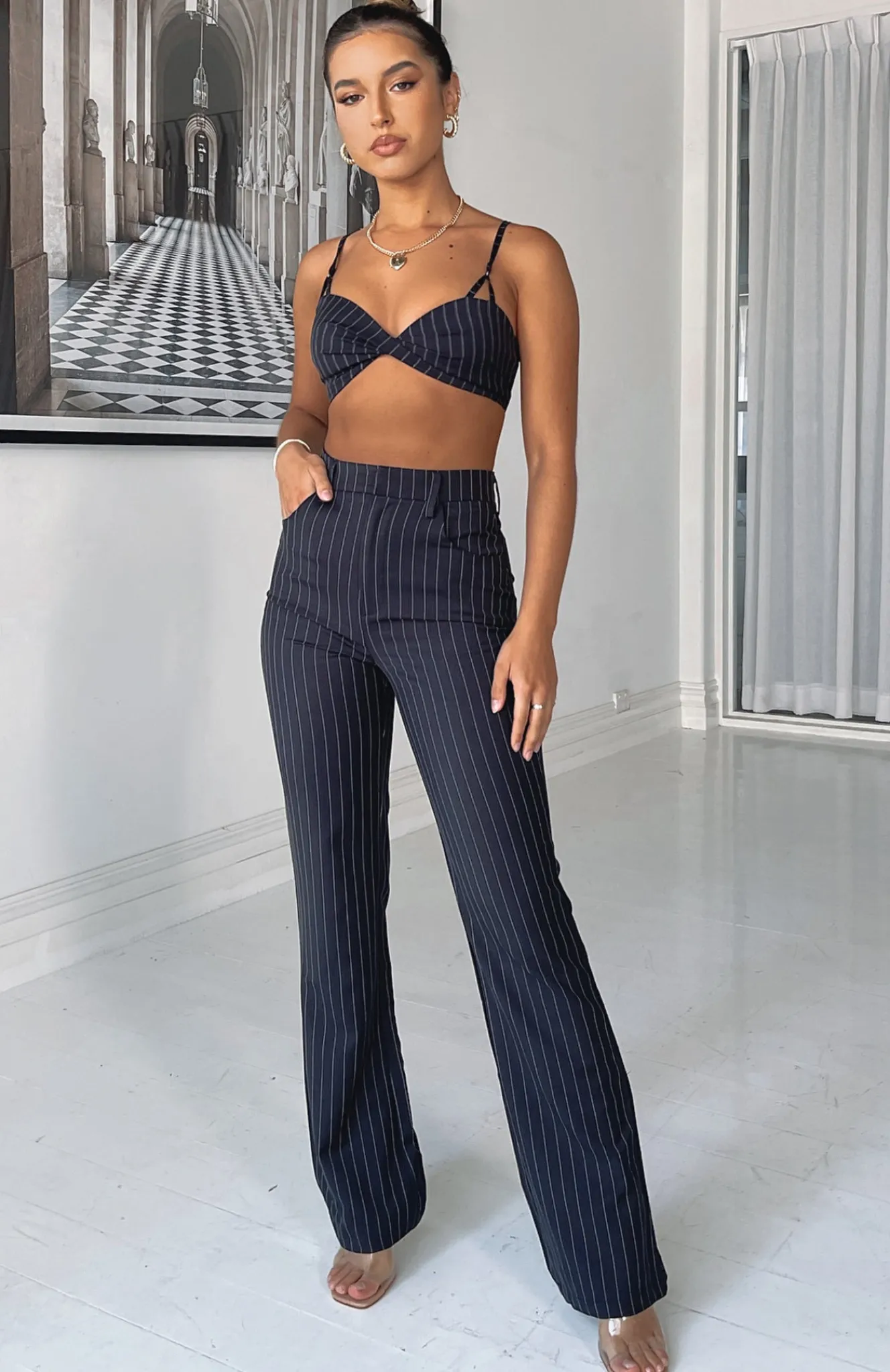 Pants | White Fox Boutique There She Goes Pants Navy Pinstripe blue