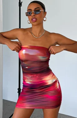 Restocked | White Fox Boutique Top Of My Game Strapless Mini Dress Flashing Lights Print red