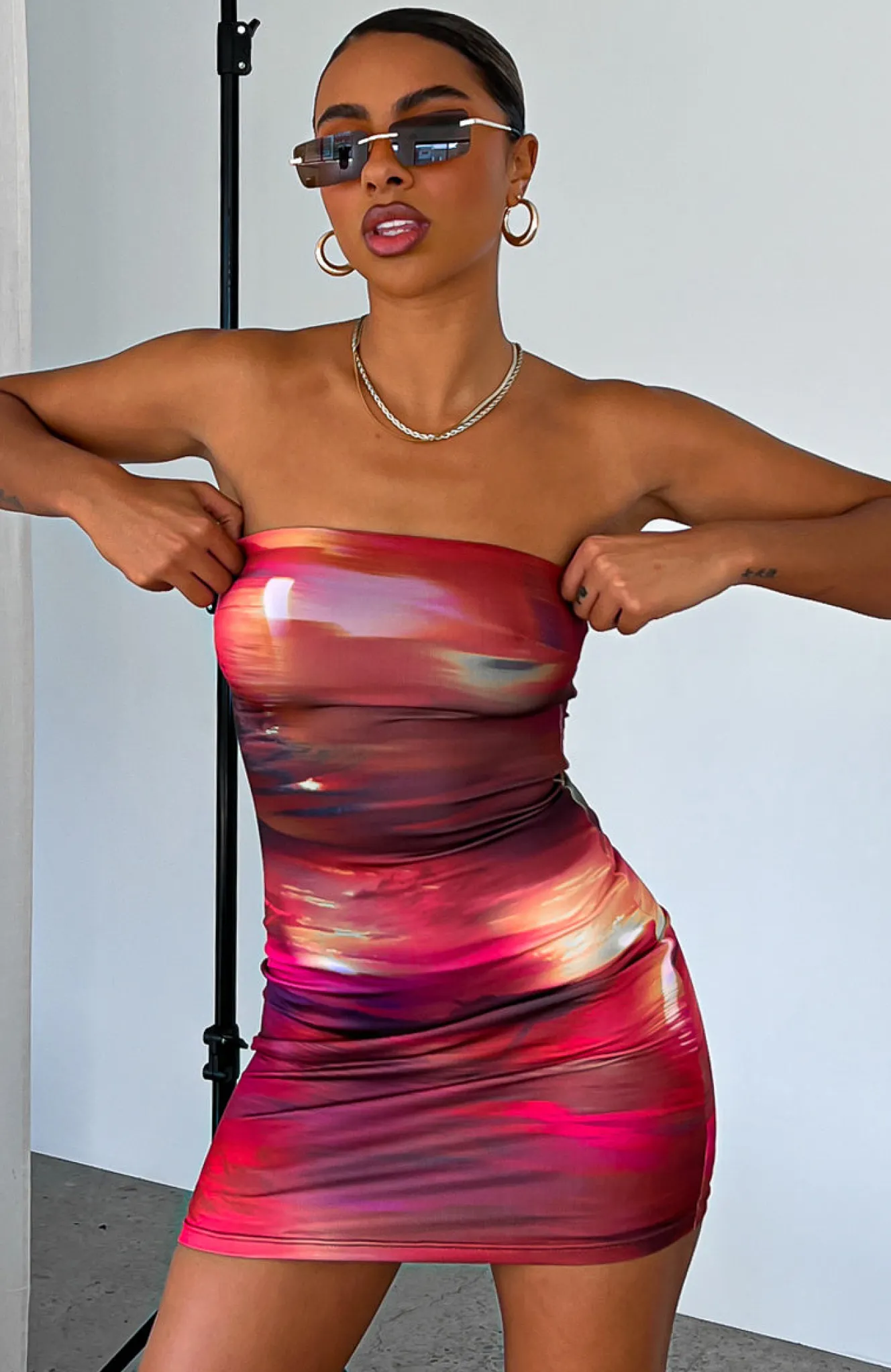 Restocked | White Fox Boutique Top Of My Game Strapless Mini Dress Flashing Lights Print red