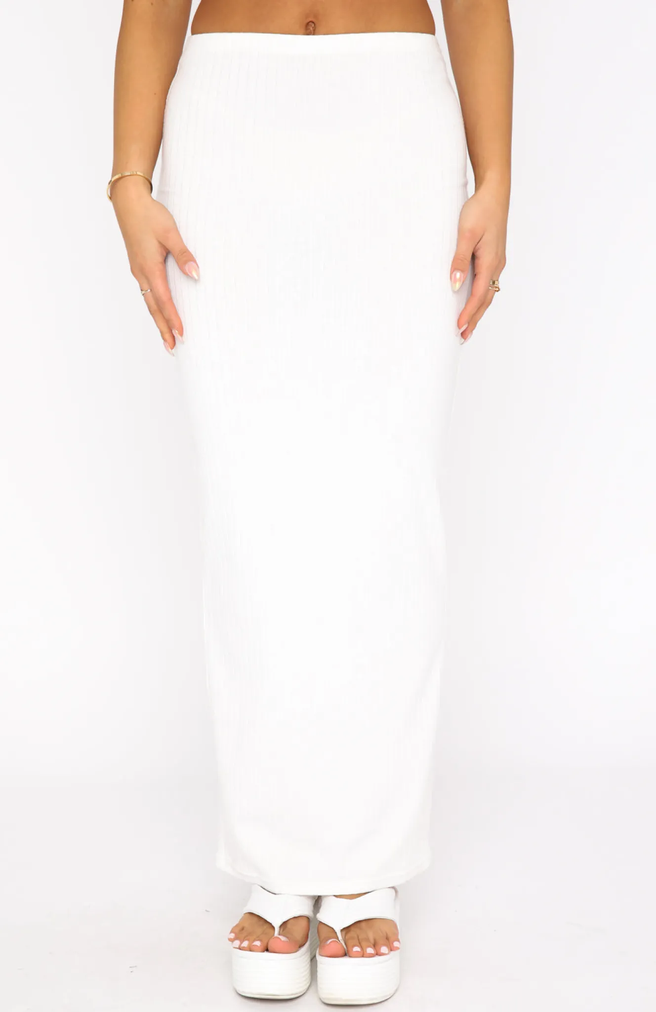Restocked | White Fox Boutique Walk Behind Me Ribbed Maxi Skirt white