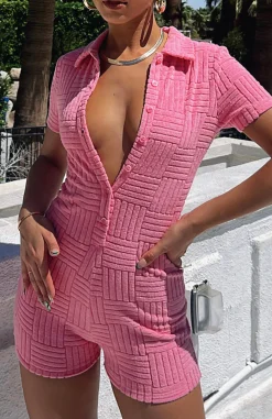 Restocked | White Fox Boutique Walk My Way Terry Playsuit Stripe pink