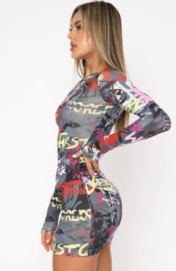 Restocked | White Fox Boutique Won't Forget Me Long Sleeve Mini Dress Charcoal Graffiti multi