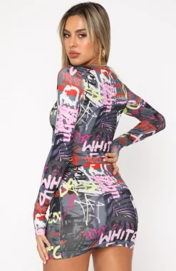 Restocked | White Fox Boutique Won't Forget Me Long Sleeve Mini Dress Charcoal Graffiti multi