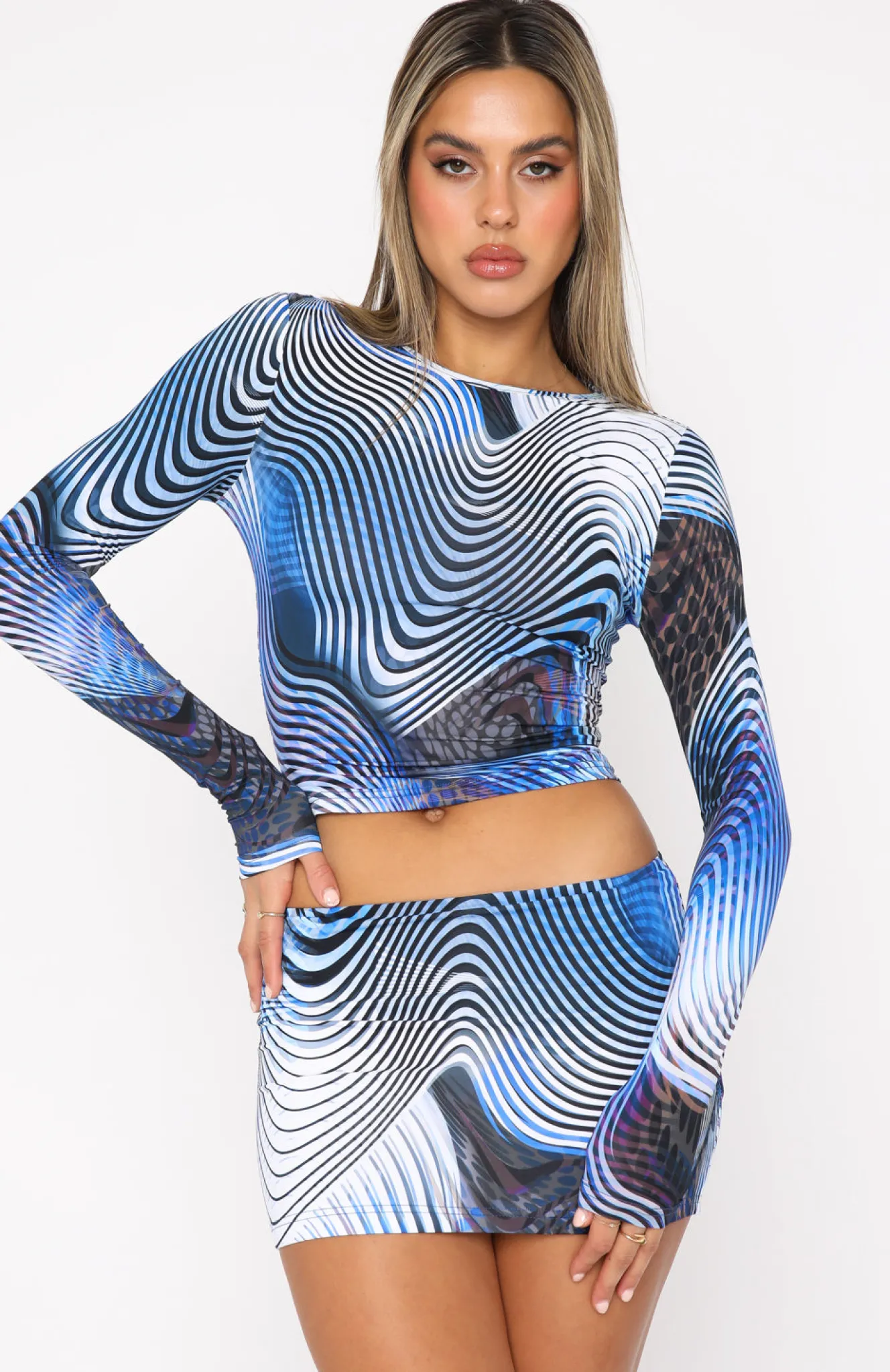 Shirts & Blouses | White Fox Boutique Working On Me Long Sleeve Crop Illusion blue